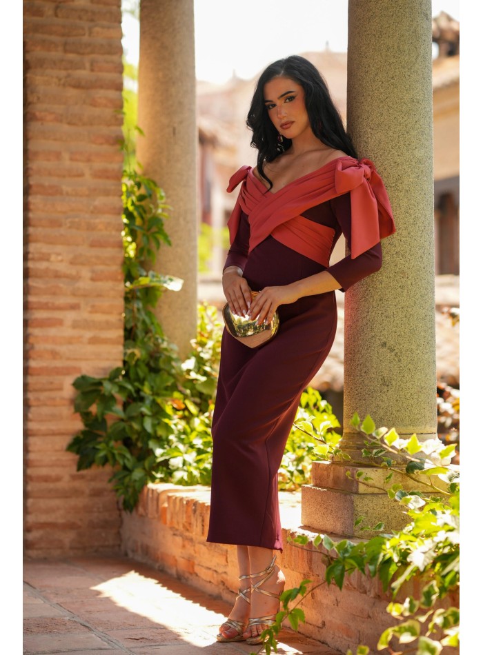 Eggplant midi dress with bandeu neckline and bows