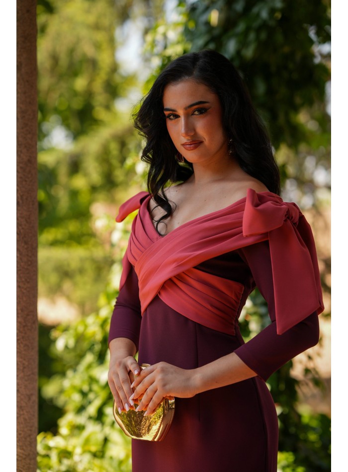 Eggplant midi dress with bandeu neckline and bows