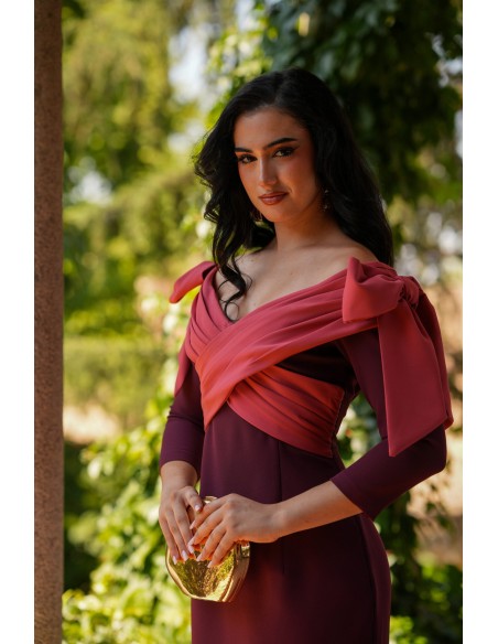 Eggplant midi dress with bandeu neckline and bows