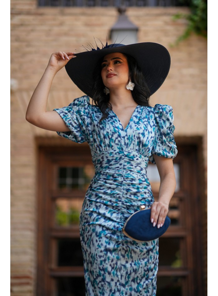 Robe midi imprimée bleue à manches bouffantes