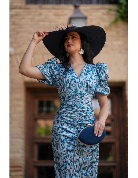 Robe midi imprimée bleue à manches bouffantes