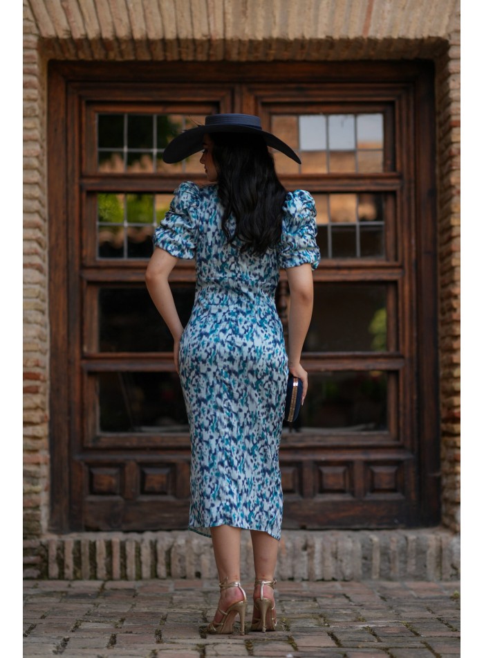 Robe midi imprimée bleue à manches bouffantes