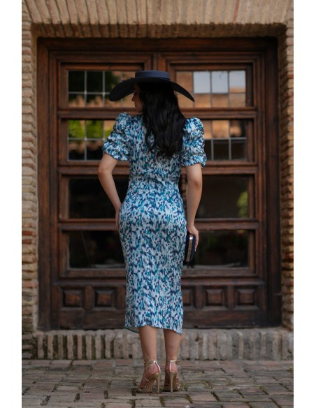 Robe midi imprimée bleue à manches bouffantes