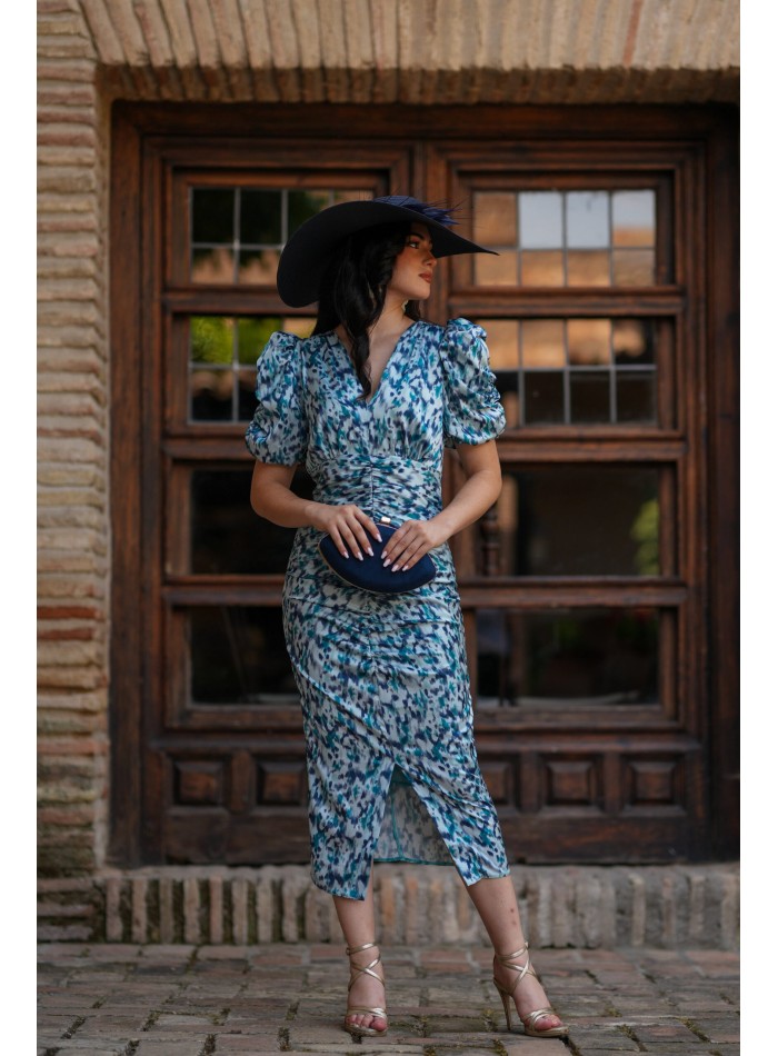 Robe midi imprimée bleue à manches bouffantes