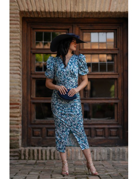 Robe midi imprimée bleue à manches bouffantes