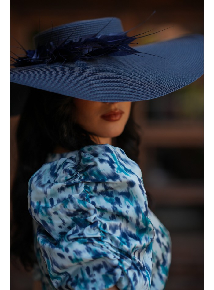 Robe midi imprimée bleue à manches bouffantes