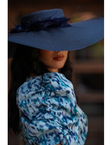 Robe midi imprimée bleue à manches bouffantes