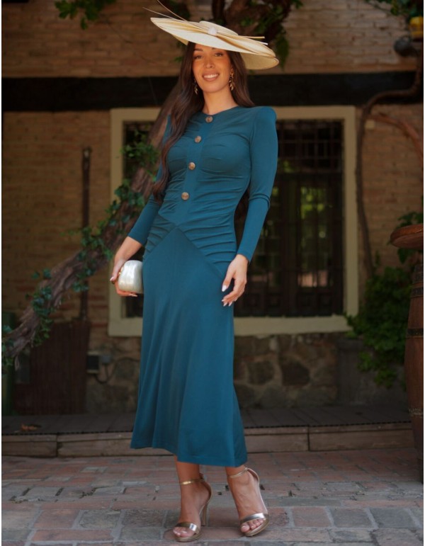 Draped petroleum draped midi guest dress with buttons