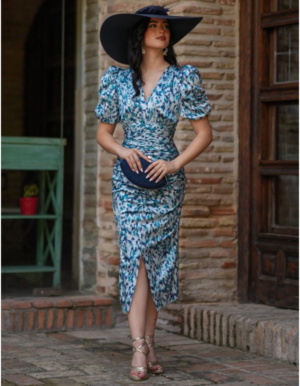 Vestido midi estampado en tonos azules y manga abullonada