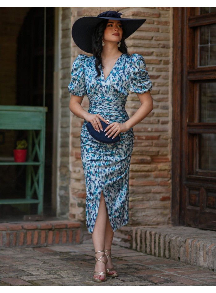 Blue print midi dress with puffed sleeves