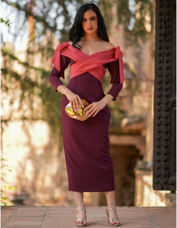 Eggplant midi dress with bandeu neckline and bows