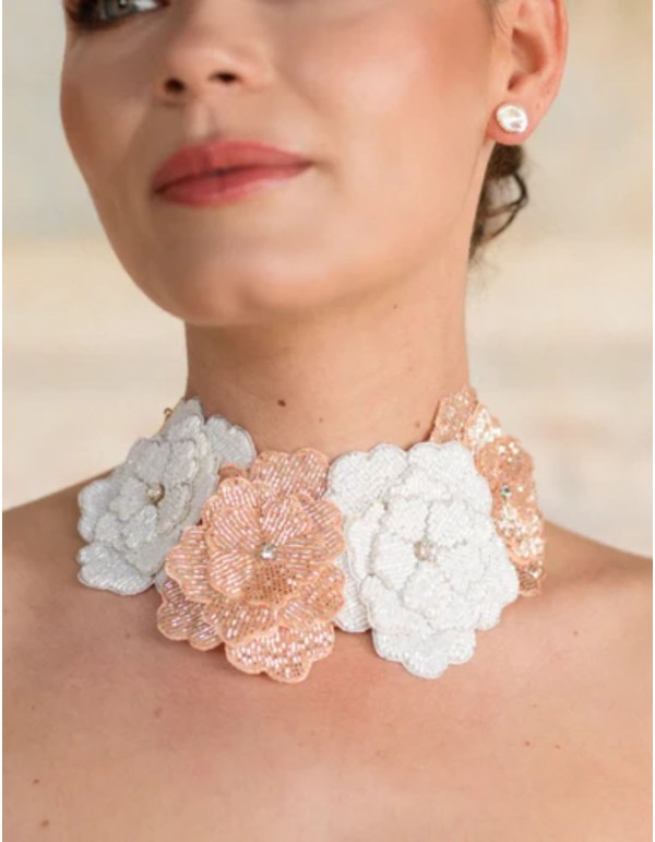 Necklace with white and rose gold embroidered flowers