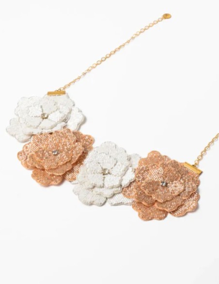 Necklace with white and rose gold embroidered flowers