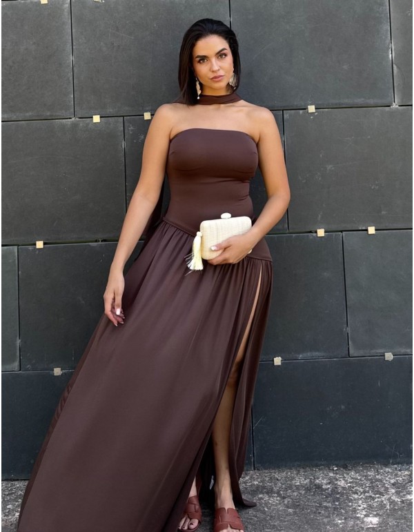 Chocolate brown strapless maxi dress with matching shawl