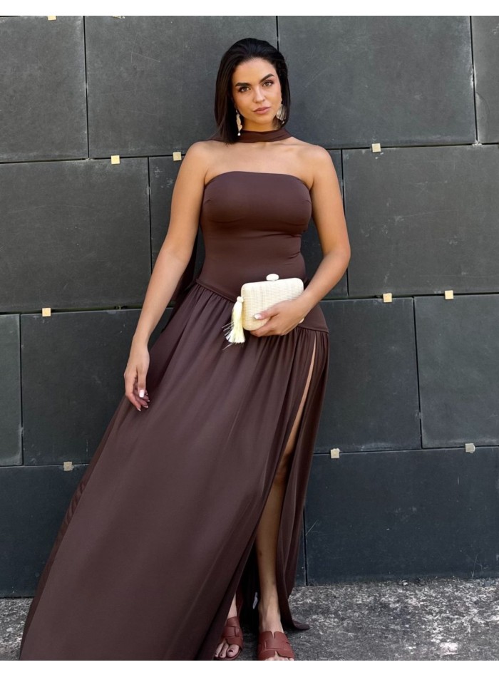 Chocolate brown strapless maxi dress with matching shawl