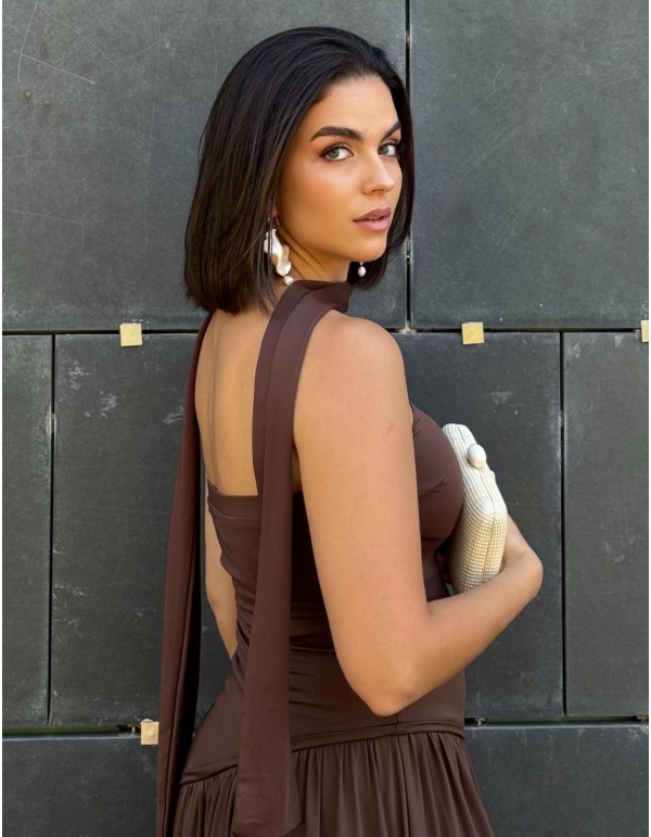 Chocolate brown strapless maxi dress with matching shawl 2