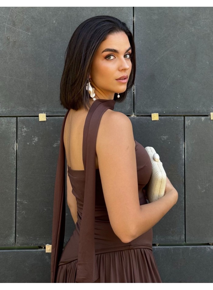 Robe de soirée longue sans bretelles marron...