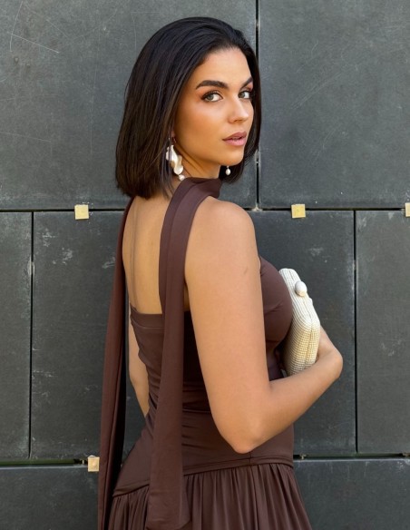 Robe de soirée longue sans bretelles marron chocolat avec châle assorti