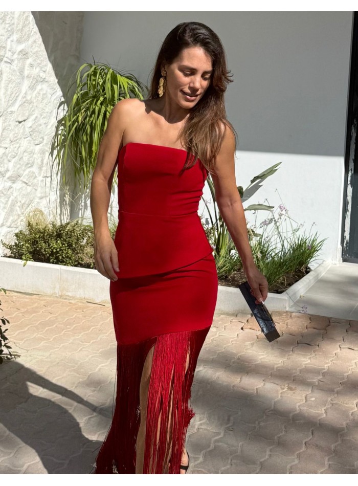Long red dress with bangs and strapless...