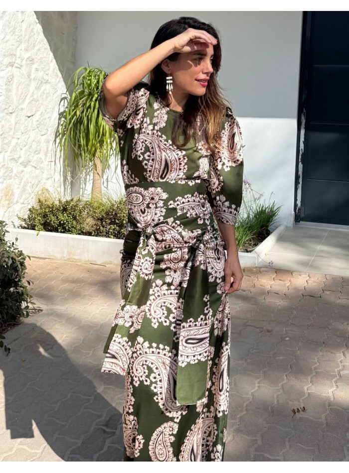 Falda larga estampado étnico verde con doble...