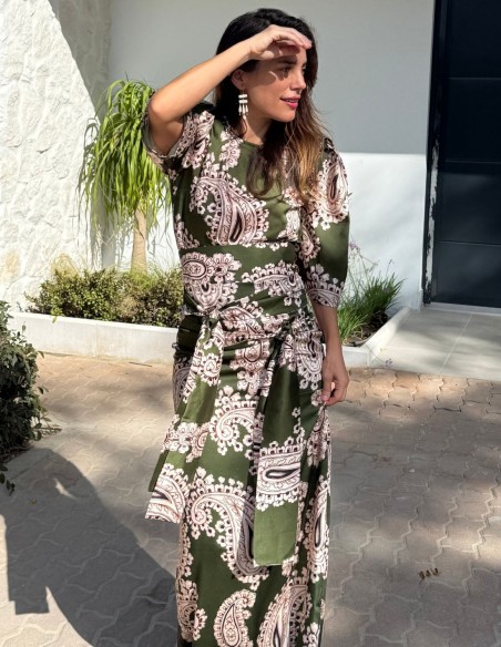 Green ethnic print long skirt with double knotting