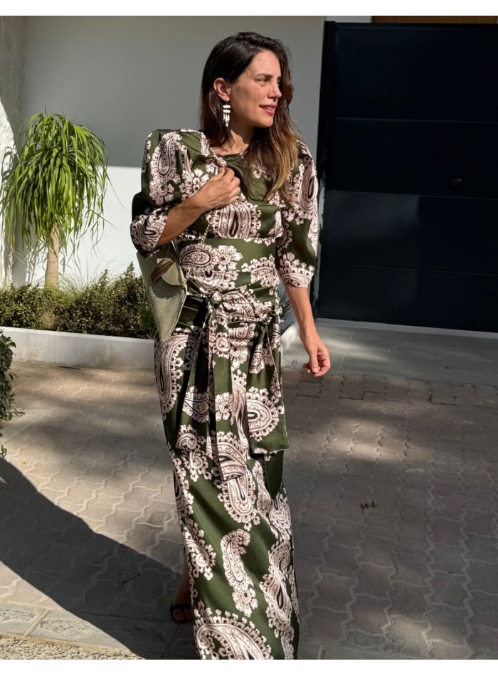 Falda larga estampado étnico verde con doble...