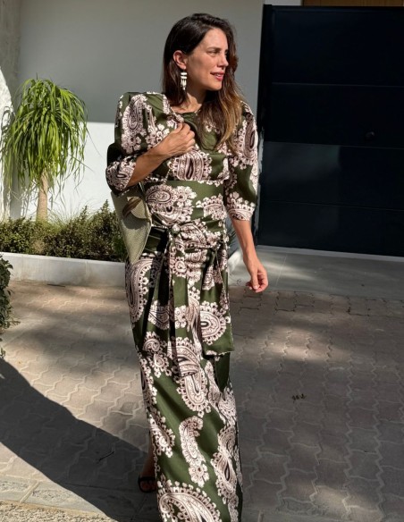 Jupe longue imprimée ethnique verte avec motif à double nœud