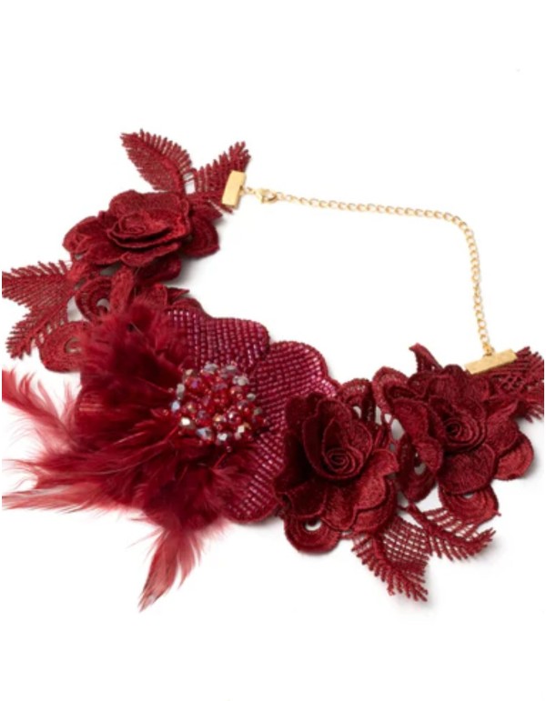 Necklace with burgundy embroidered flowers with feather... 2