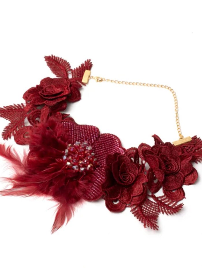 Necklace with burgundy embroidered flowers with...