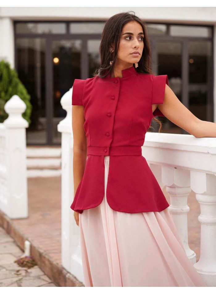 Red button-down vest with ruffle waistband