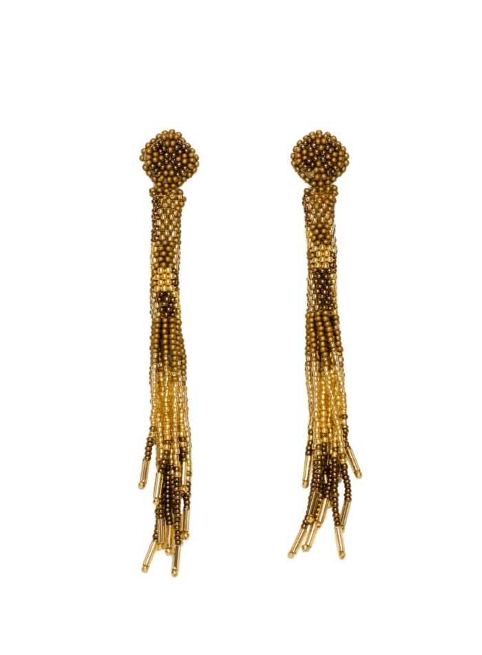 Long fringed beaded party earrings with bangs