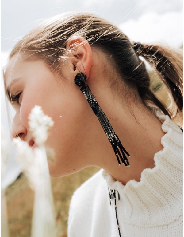 Long fringed beaded party earrings with bangs 2