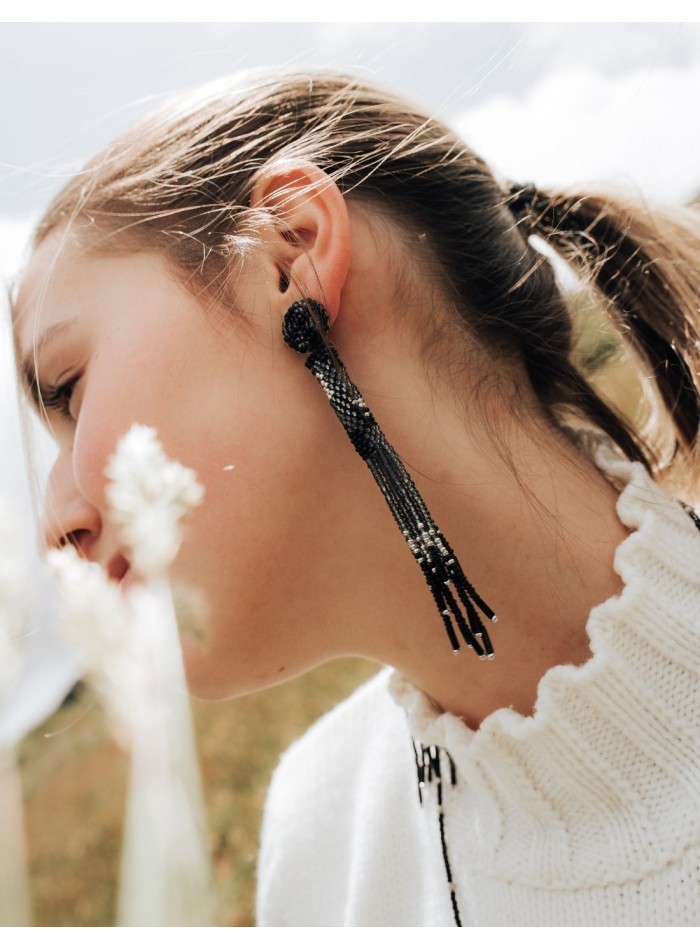 Long fringed beaded party earrings with bangs