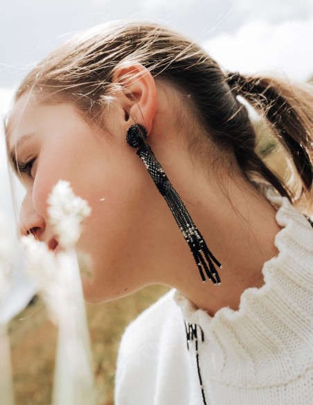 Long fringed beaded party earrings with bangs