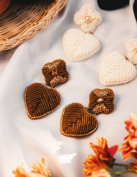 Hand-embroidered flower and heart earrings with beads