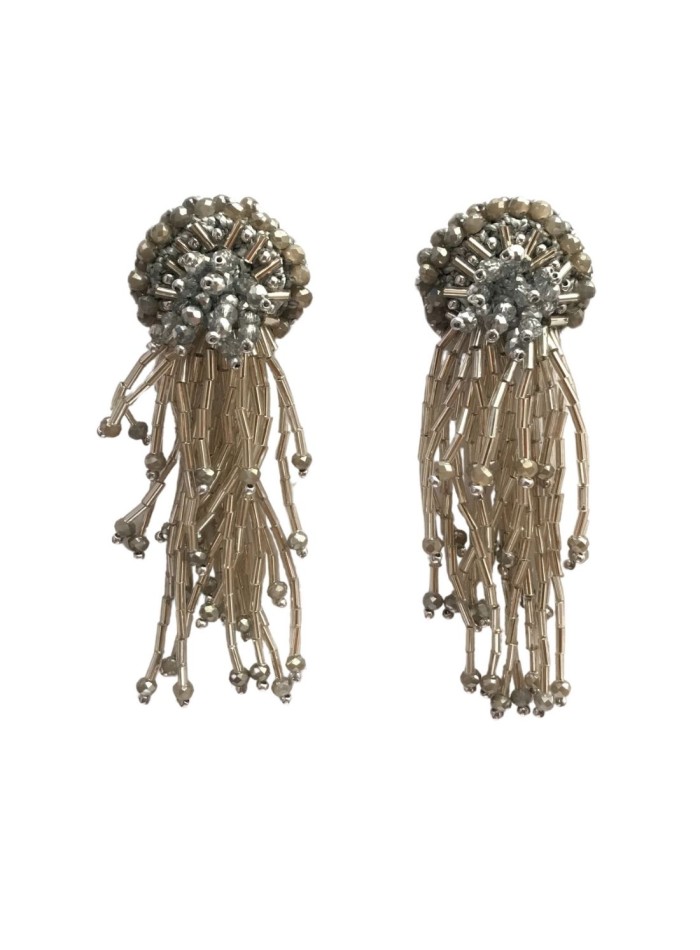 Crochet fan earrings with bangs and crystals