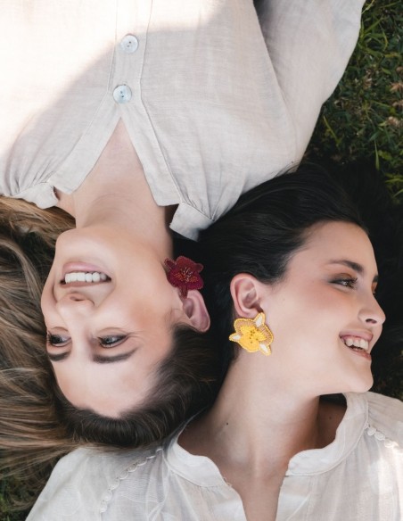 Hand-embroidered orchid flower earrings with beads