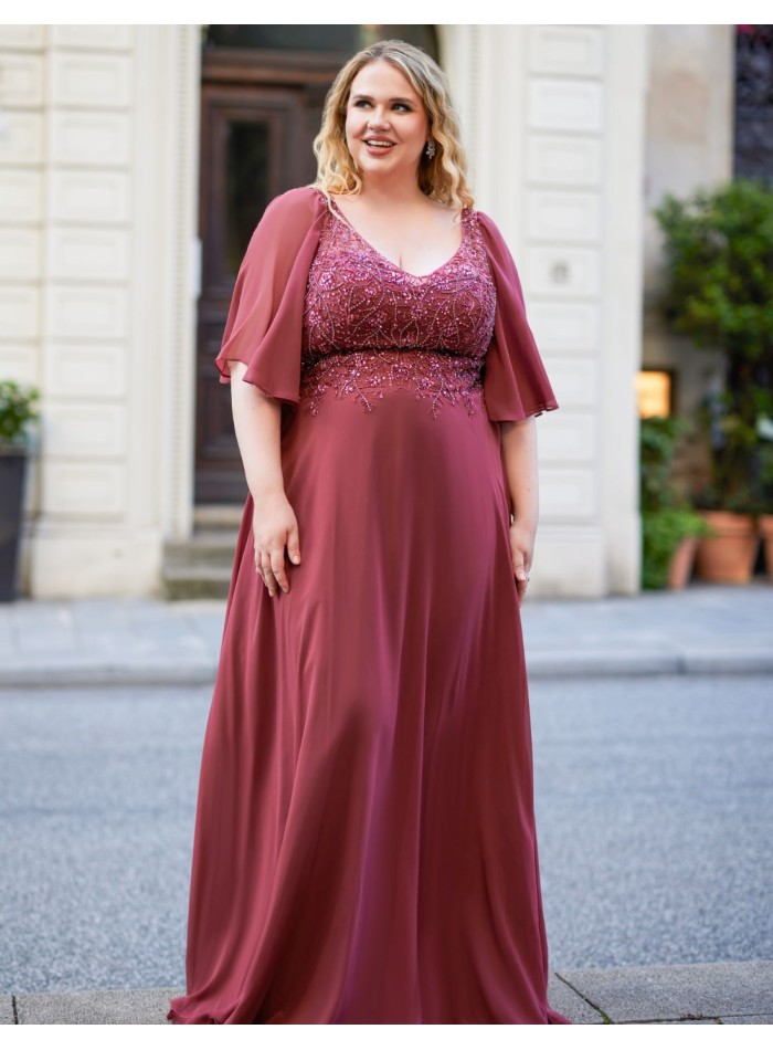 Long guest dress with short sleeves and rhinestone bodice