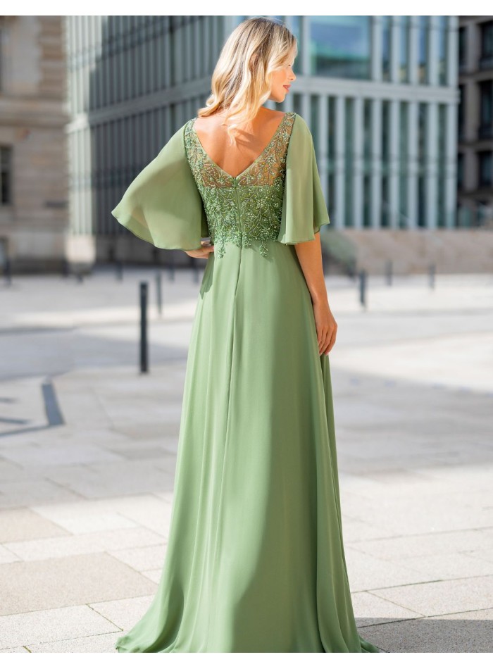 Vestido largo de invitada de manga corta y...