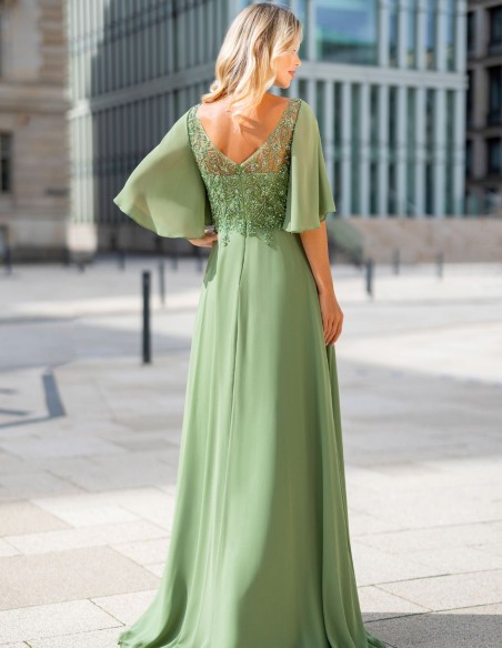 Long guest dress with short sleeves and rhinestone bodice