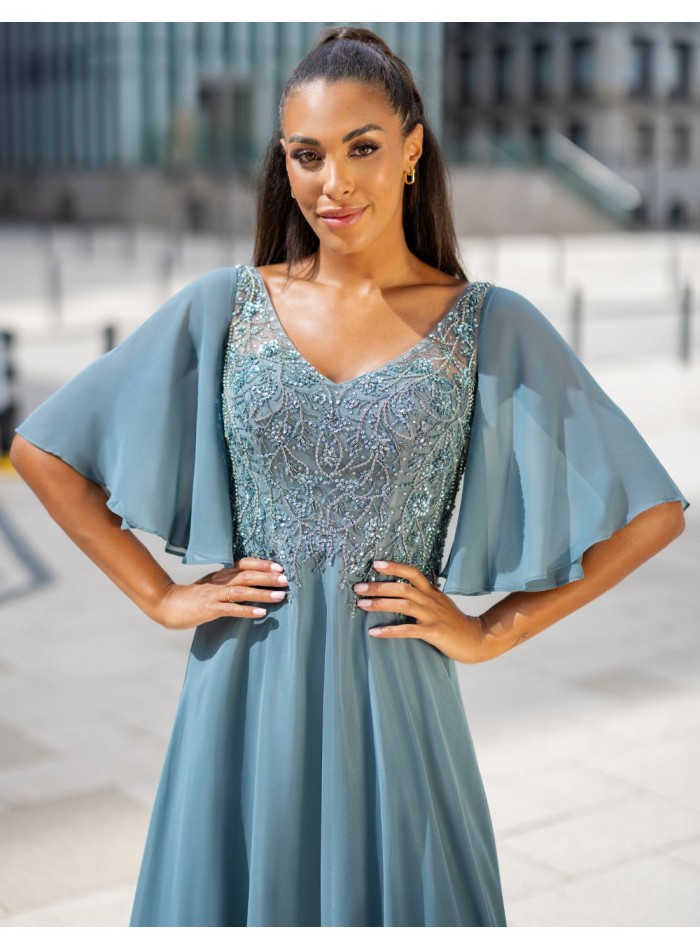 Vestido largo de invitada de manga corta y...