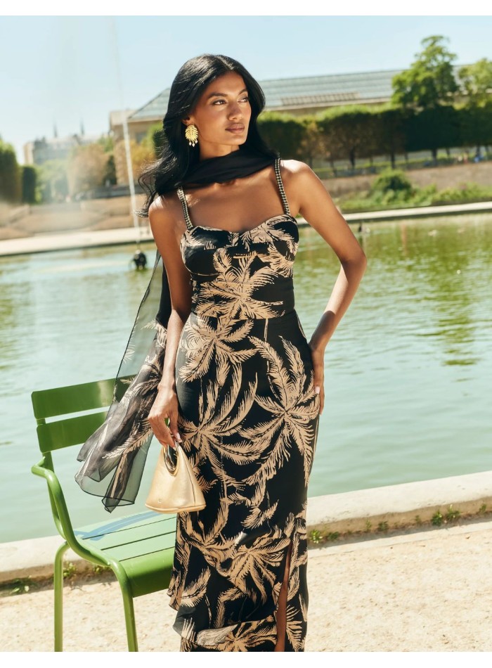 Vestido largo de fiesta con estampado de palmeras