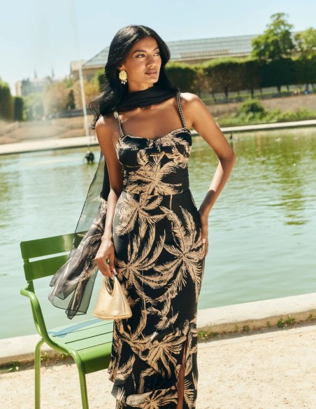 Vestido largo de fiesta con estampado de palmeras