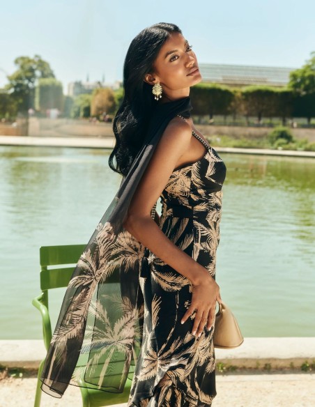 Vestido largo de fiesta con estampado de palmeras para boda