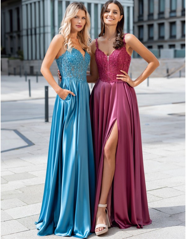 Élégante robe de bal longue avec jupe en dentelle et satin