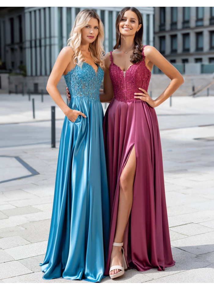 Vestido de fiesta largo elegante con encaje y falda satinada