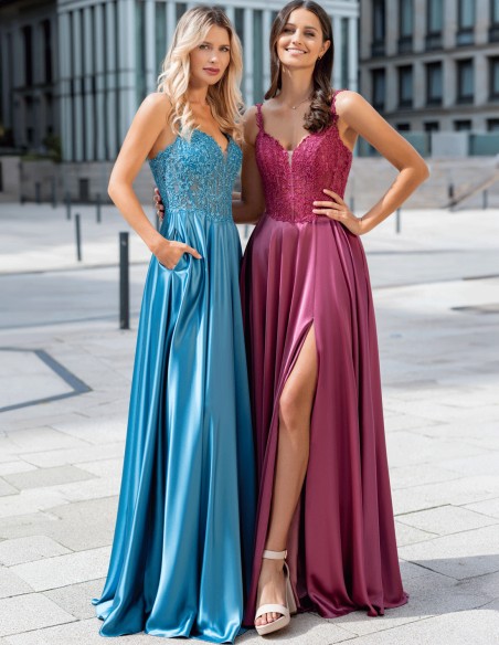 Elegant evening dress with lace and satin skirt