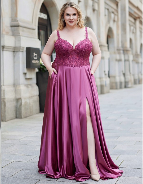 Elegant plus size long party dress with satin and lace