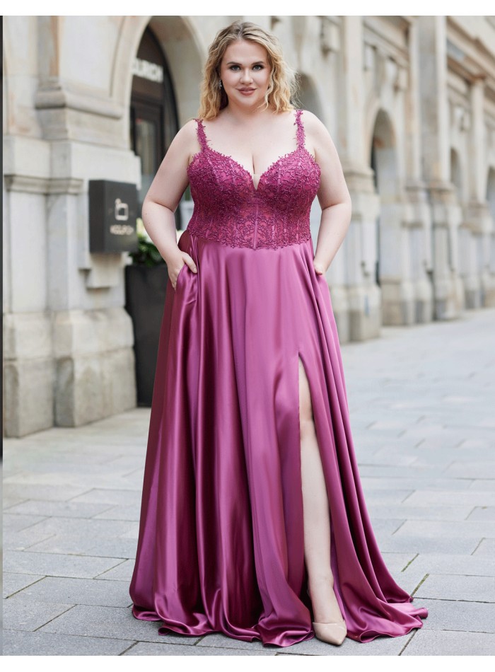 Elegant plus size long party dress with satin and lace