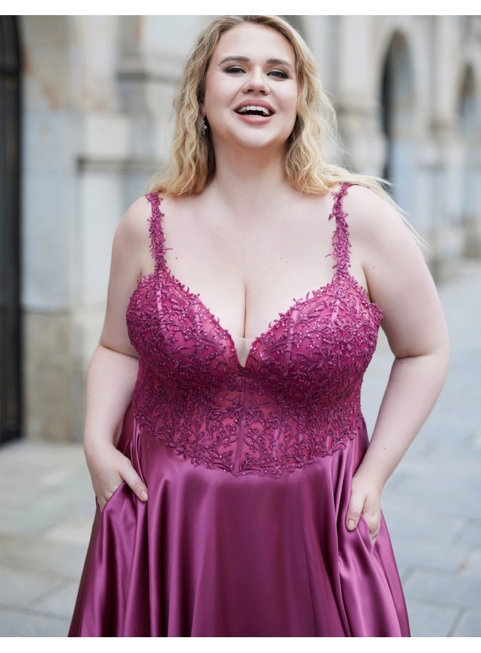 Vestido de fiesta largo elegante talla grande con encaje y satén